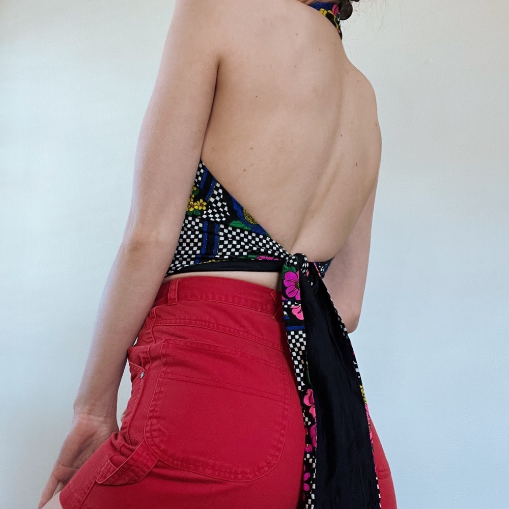 💥SOLD💥 RARE • 70s Authentic Greencastle Checkered Floral Tie Back Halter Top - Picture 5 of 5